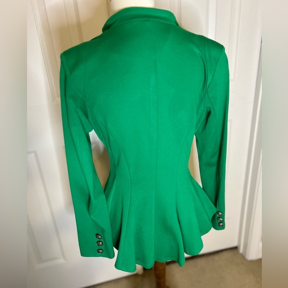 Kelly Green Double Notch Lapel Sharp Shoulder Pad Single Button Peplum Blazer - Picture 11 of 12